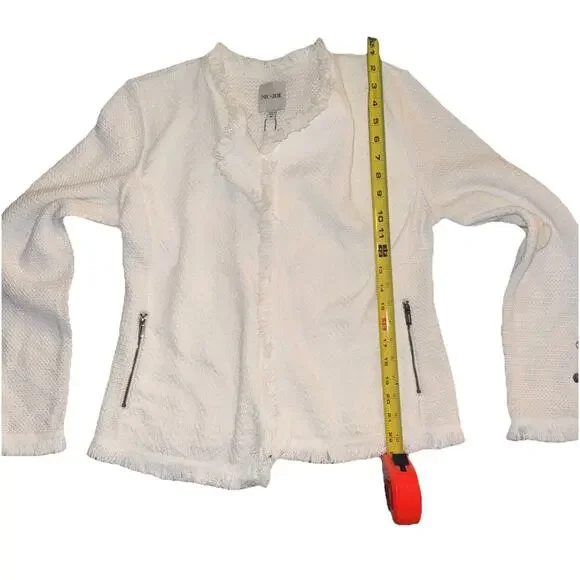 NIC + ZOE White Fringe Knit Jacket Open Front Zip Pockets Size M NWT - Picture 6 of 8